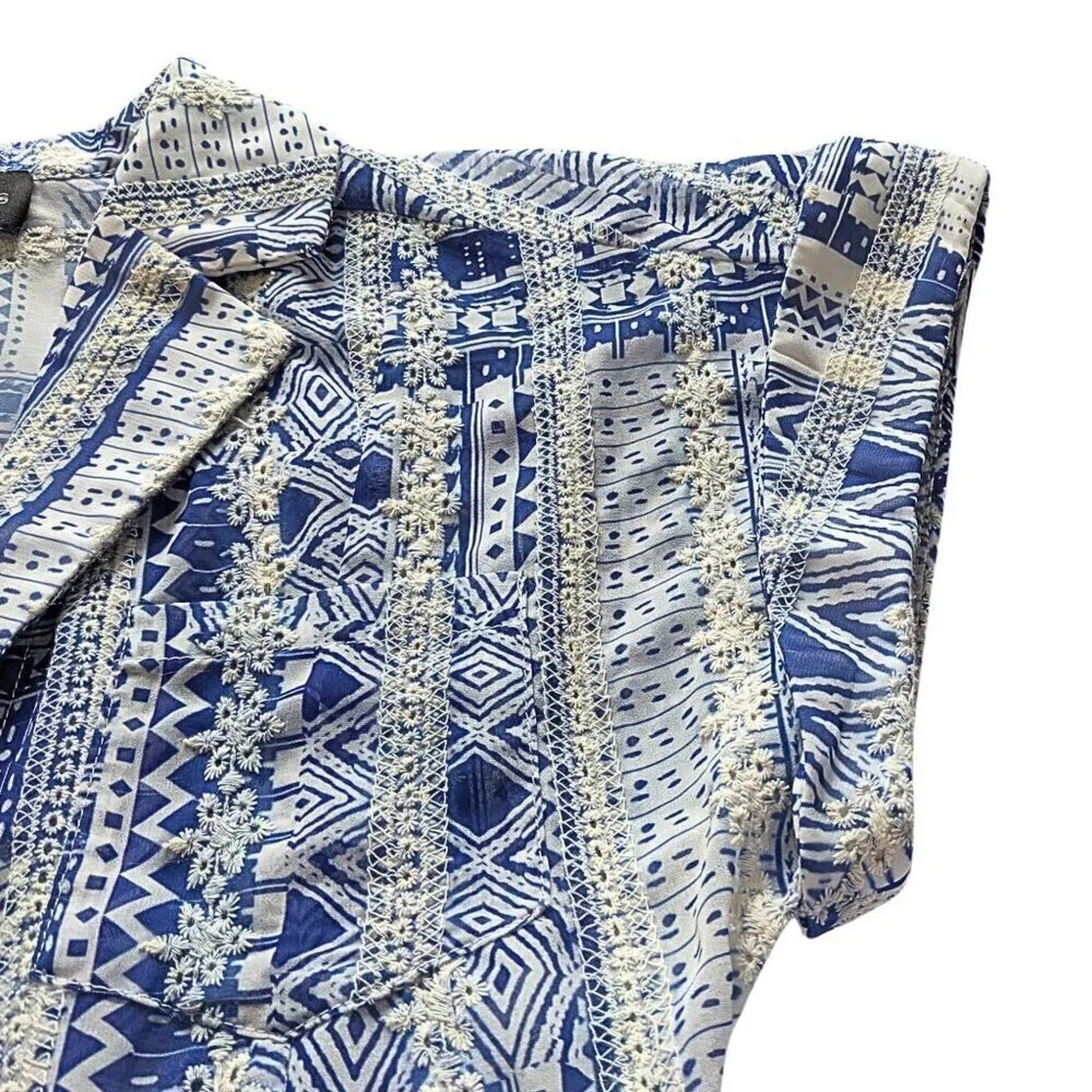 THE SANG Blue Georgette Embroidered Ikat Smocked Shirtdress w/ Weighted Hem Sz S